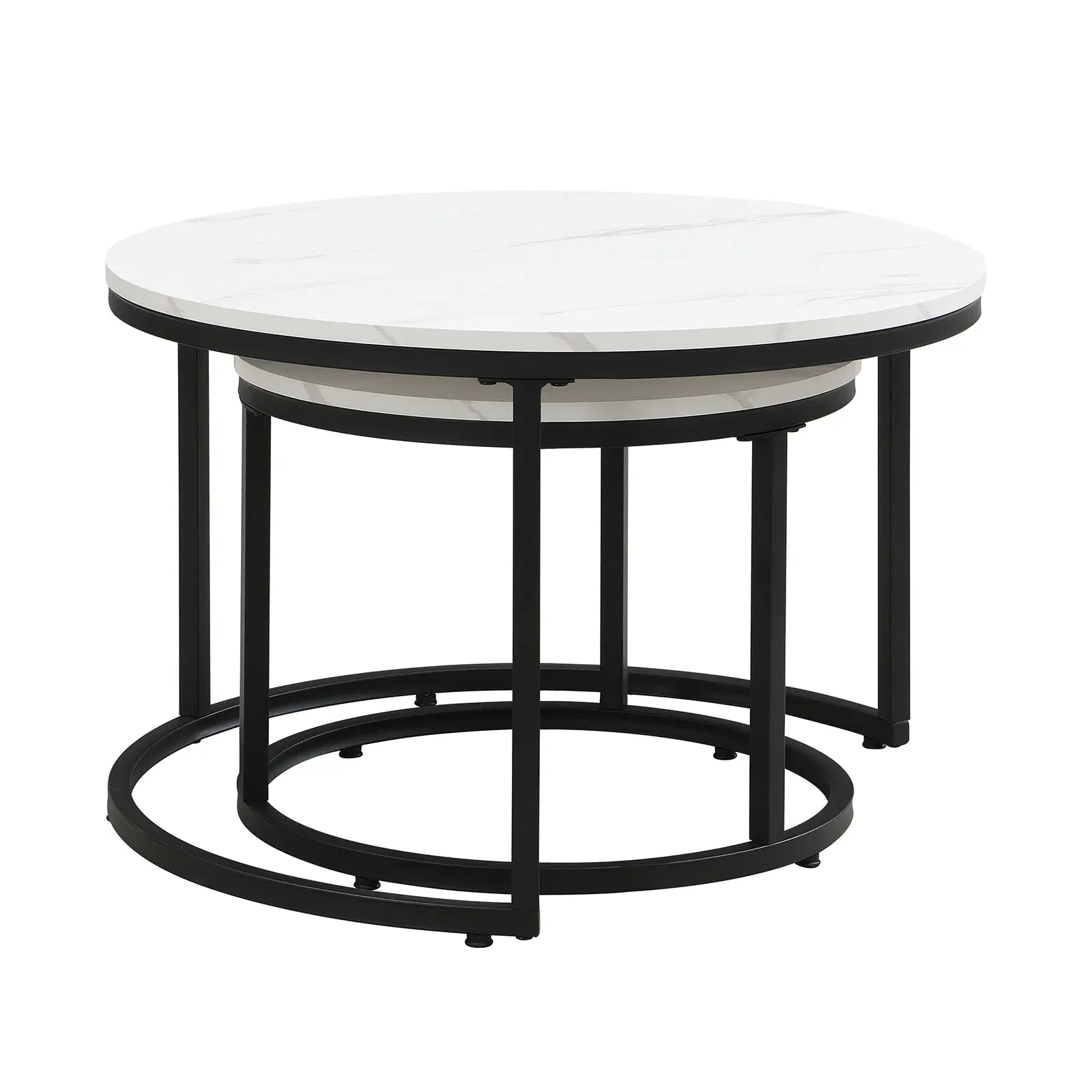 Modern round nesting coffee tables with white marble-look tops and black metal frames, offering flexible layered or separate use for small living spaces.