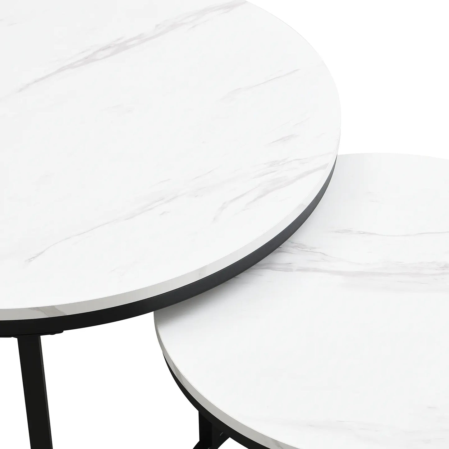 Modern round nesting coffee tables with white marble-look tops and black metal frames, offering flexible layered or separate use for small living spaces.