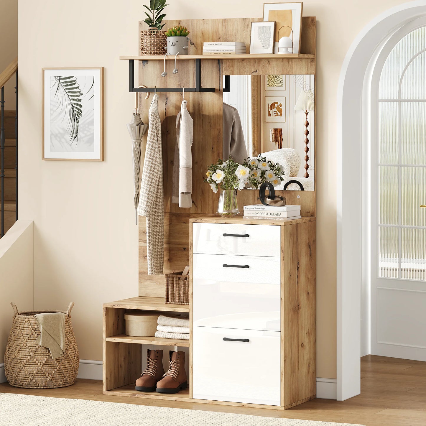 White Wood Hallway Wardrobe Set with Mirror and Shoe Bench