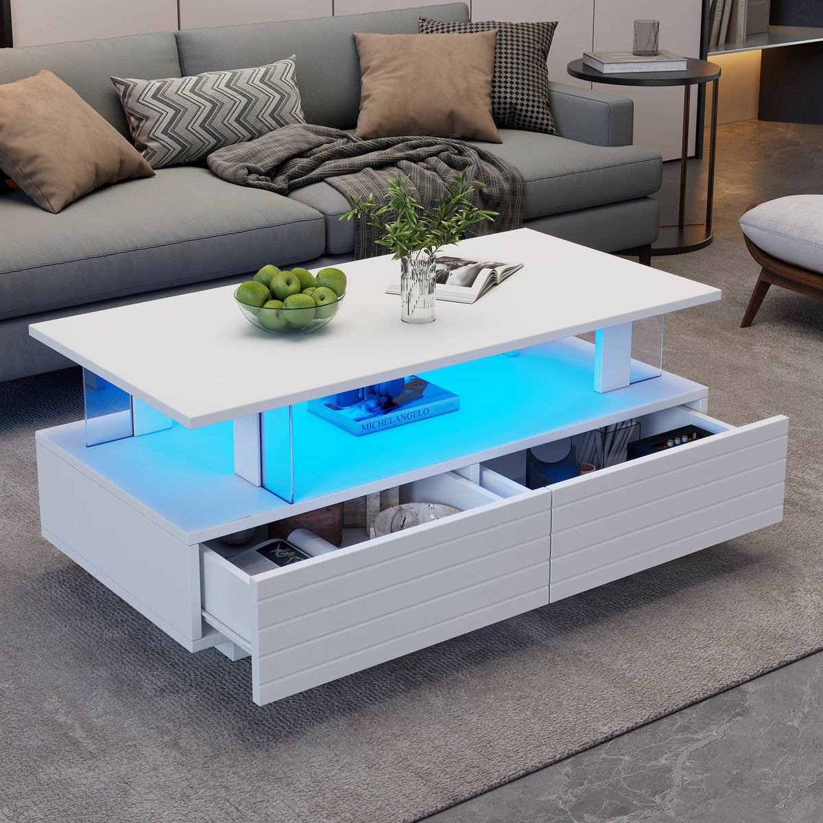 Modern White LED Coffee Table with Storage