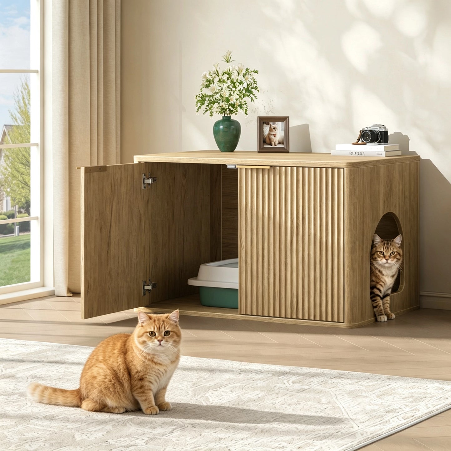 Hidden Cat Litter Box Cabinet with Storage, Natural Wood Look
