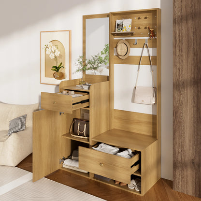 Modern Compact Wardrobe with Mirror, Adjustable Shelves & Hooks, Storage Cabinet for Bedroom