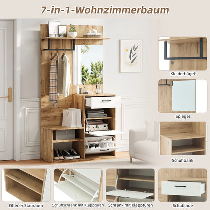 White Wood Hallway Wardrobe Set with Mirror and Shoe Bench
