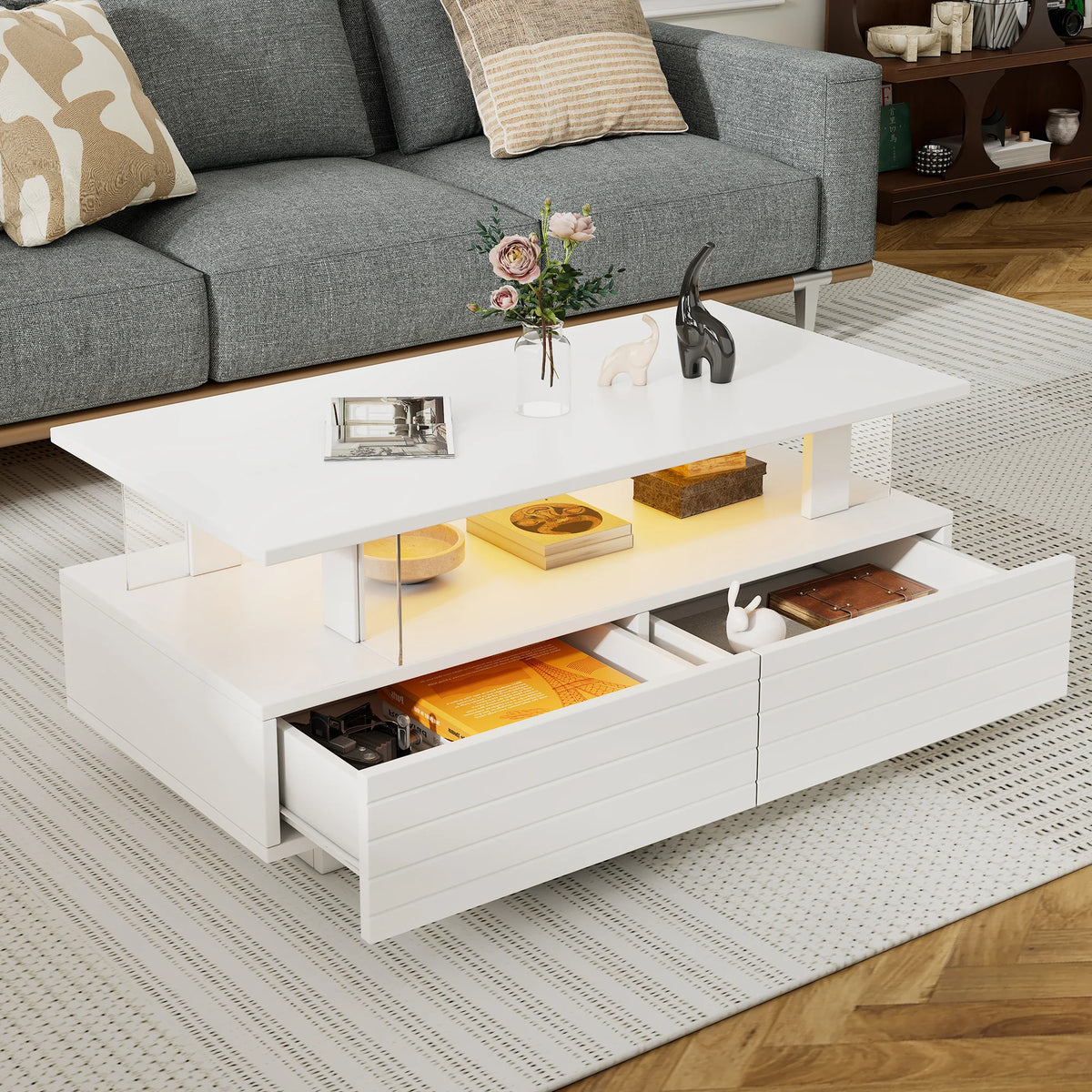 Modern White LED Coffee Table with Storage