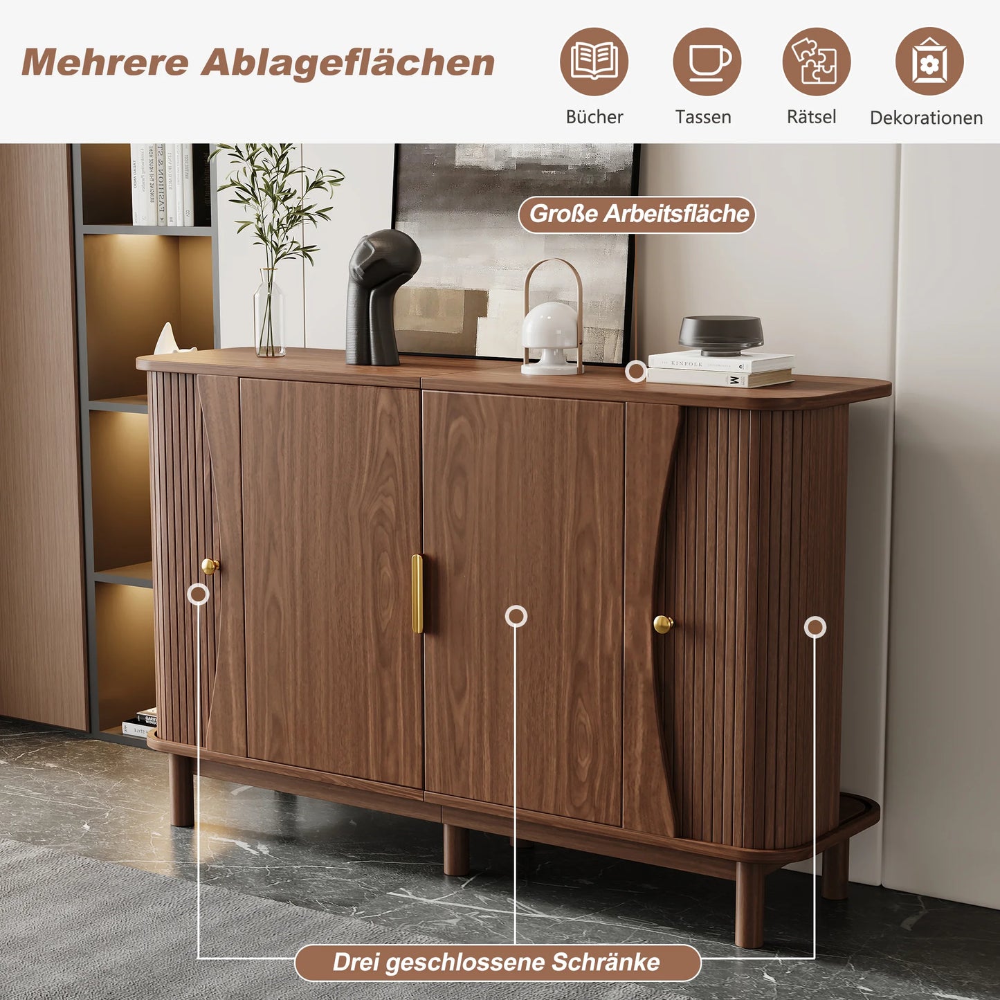 Modern Walnut‑Colored MDF Sideboard 140cm, 2 Sliding Doors