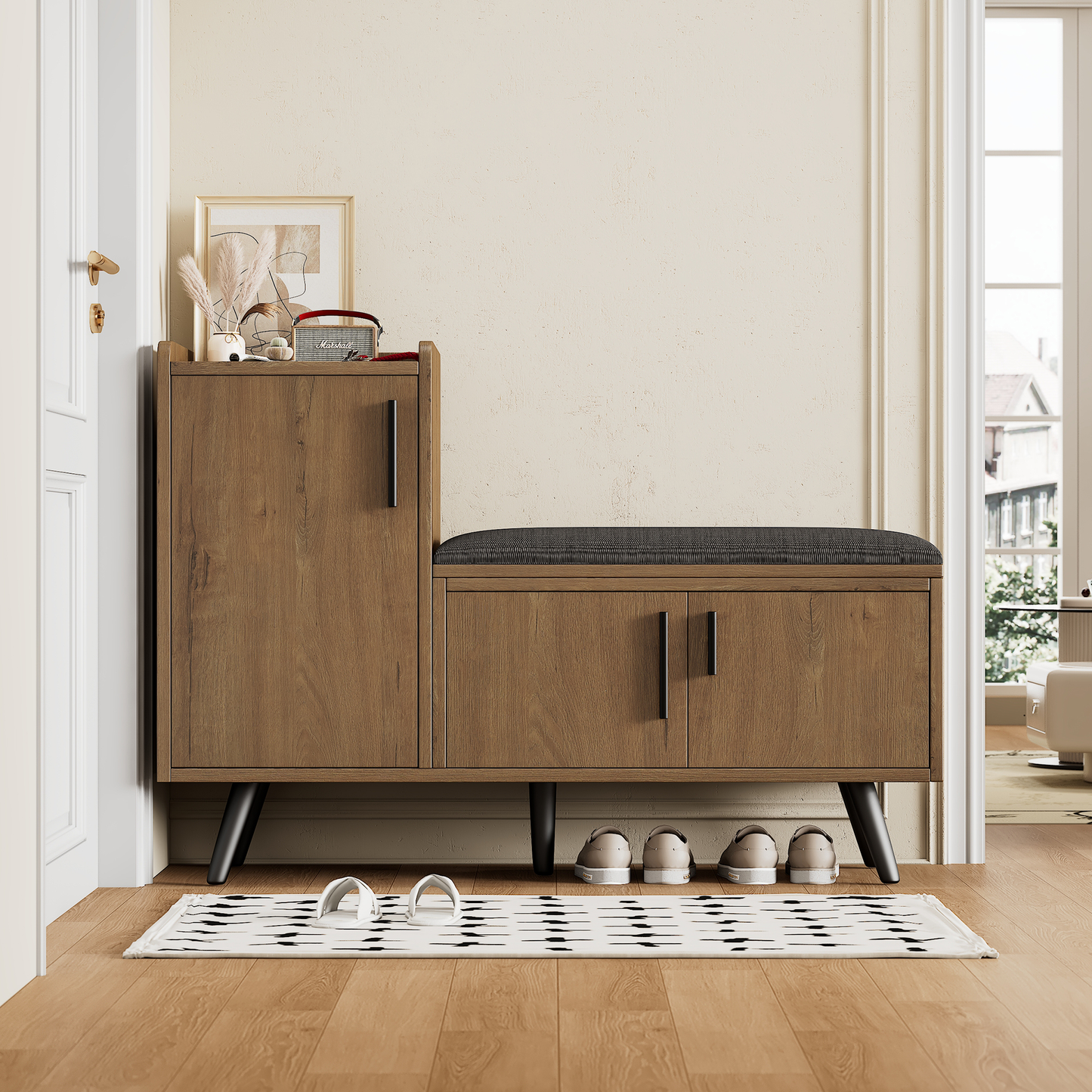 Modern Natural Shoe Storage Bench with 3 Doors, Adjustable Shelves, 100cm