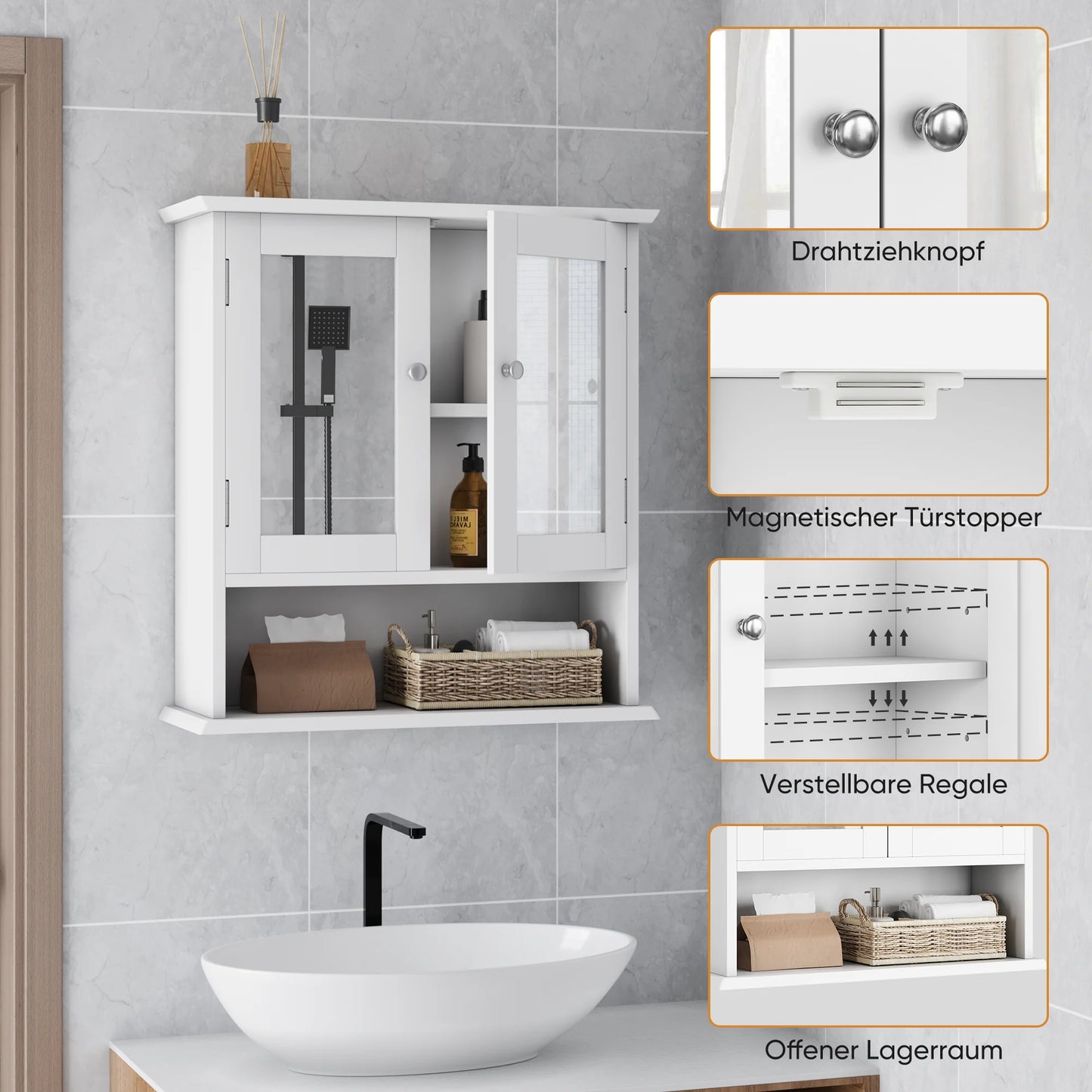 White Bathroom Mirror Cabinet with Adjustable Storage Shelf