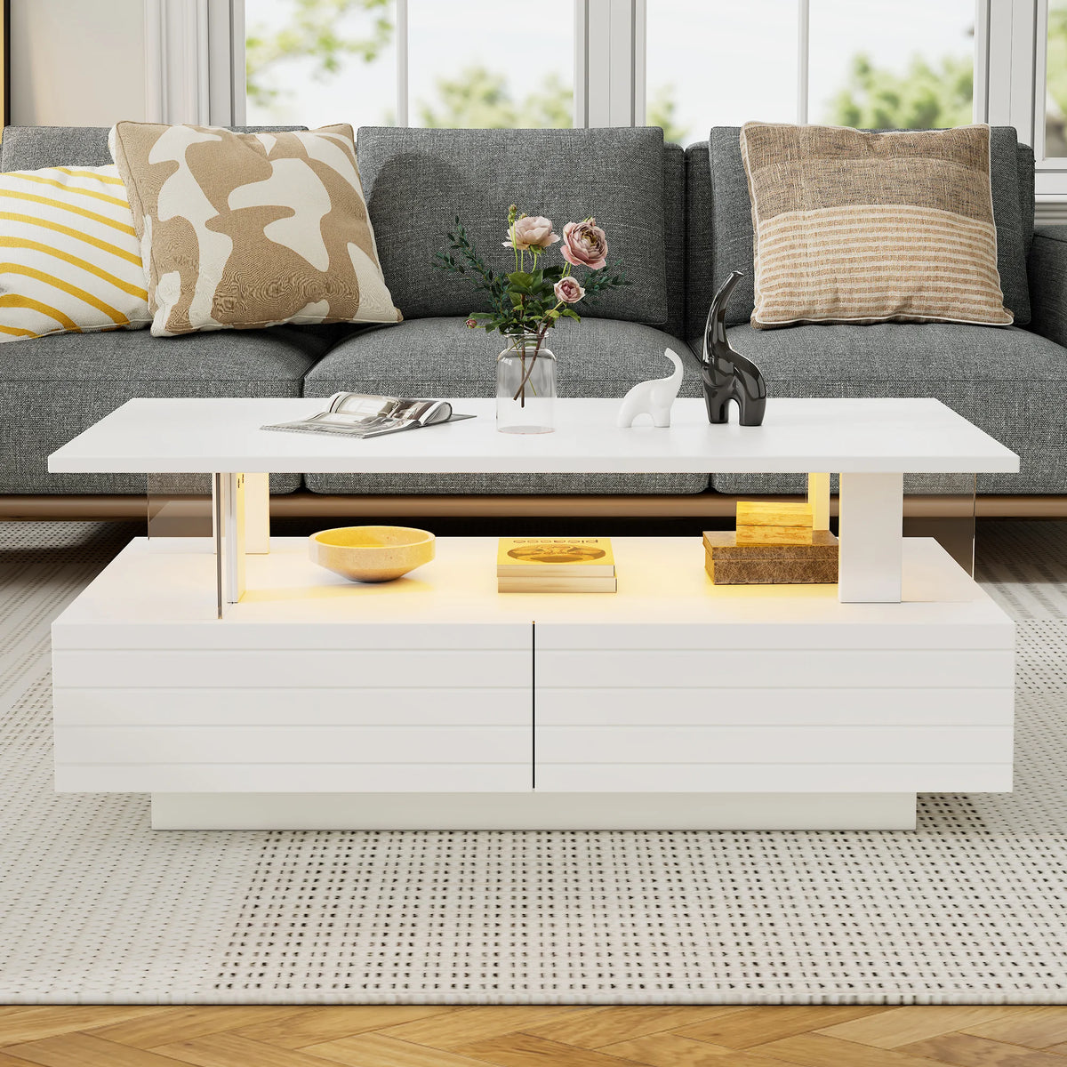 Modern White LED Coffee Table with Storage