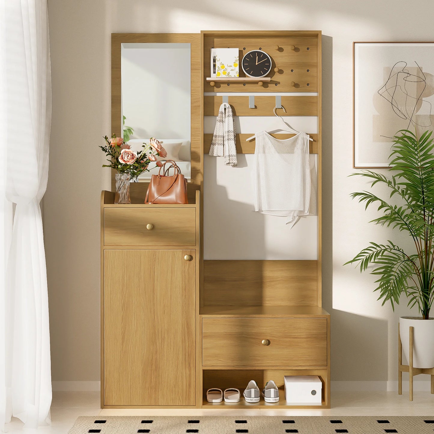 Modern Compact Wardrobe with Mirror, Adjustable Shelves & Hooks, Storage Cabinet for Bedroom