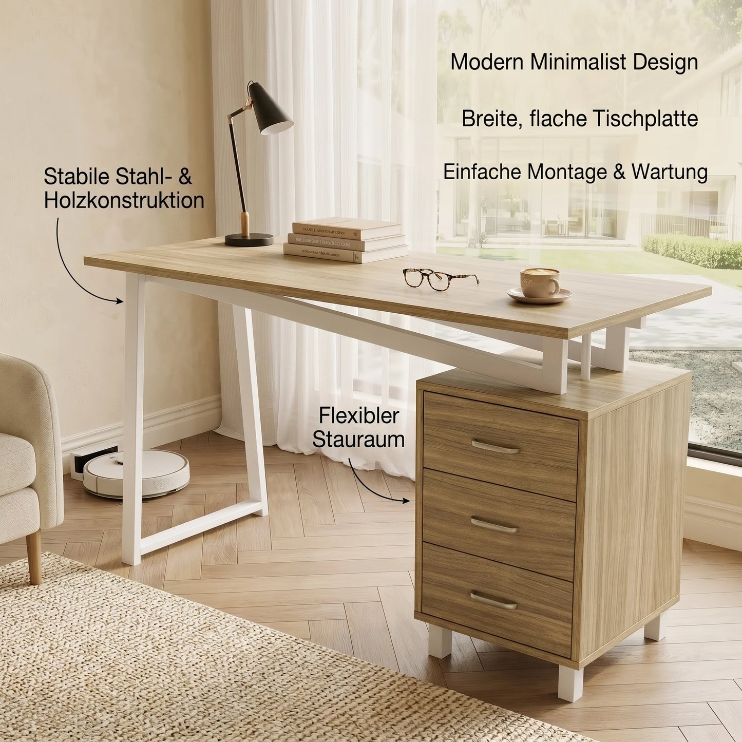Natural Wood MDF Desk with 3 Drawers